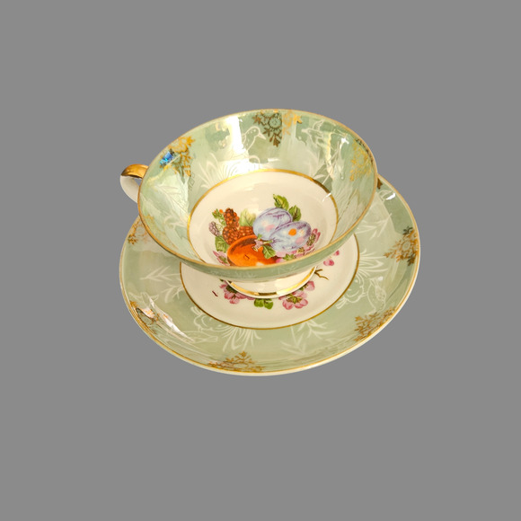Vintage Old Foley Japan Hand Painted Cup & Saucer Fruit Design Gold Trim Green - Picture 3 of 6